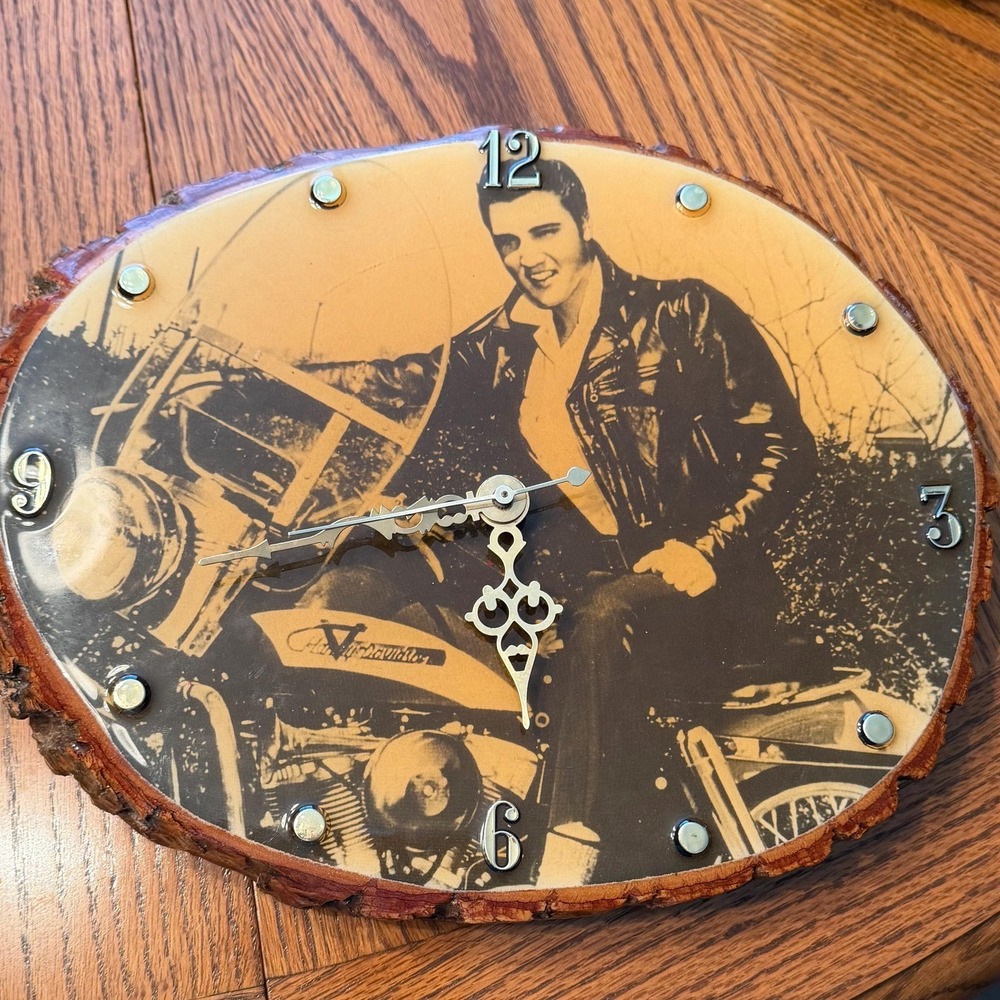 Elvis Presley Wood Slice Clock Rustic Vintage Americana Motorcycle USA WORKS